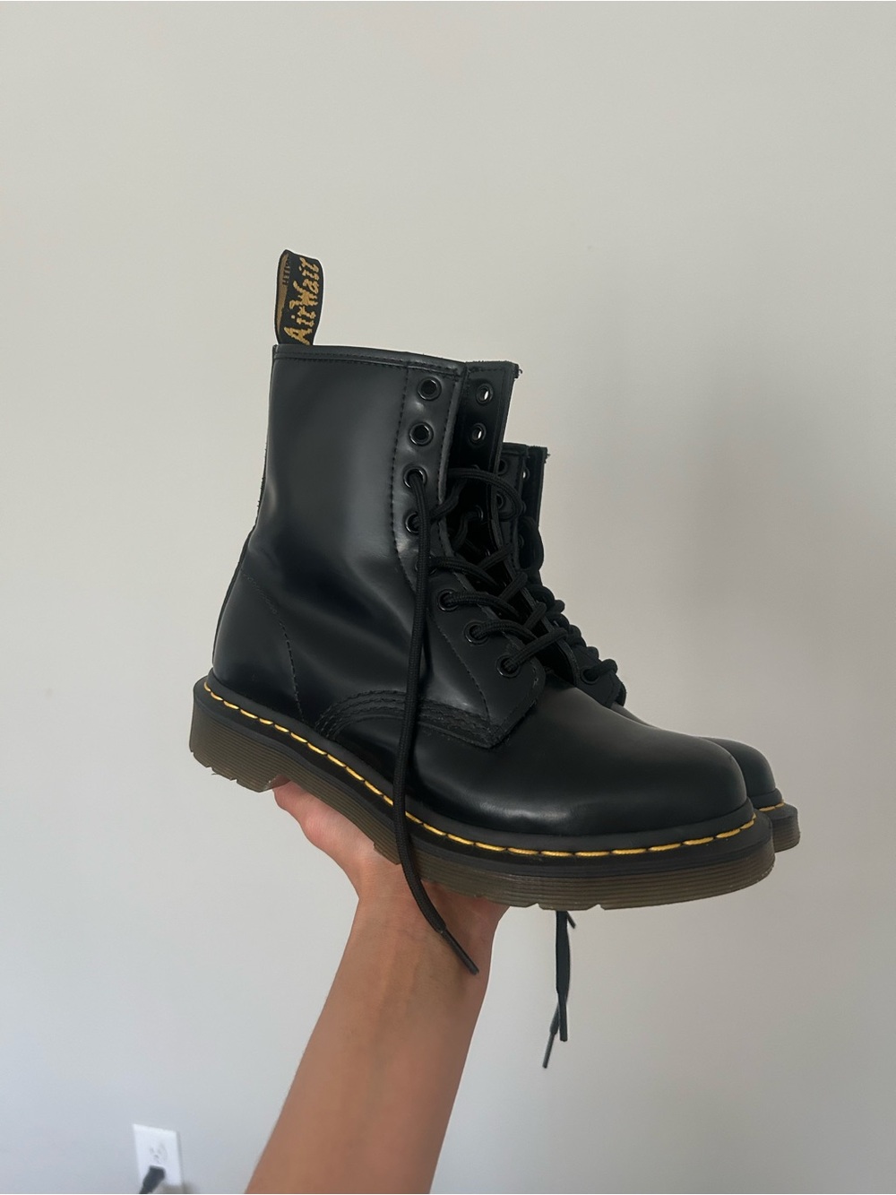 Dr. Martens Black Leather 8-Eye Lace-Up Boots with Yellow Stitching